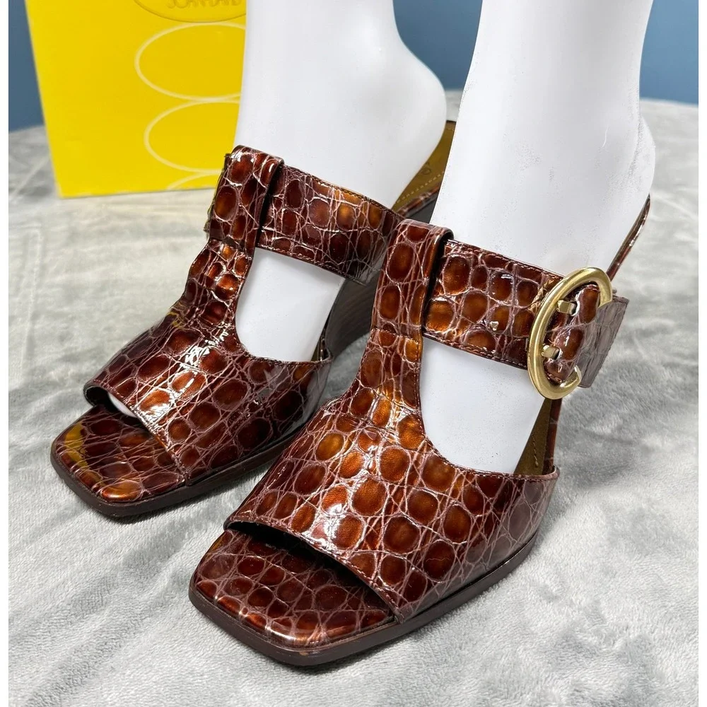 Circa Joan David Sandals Womens 9.5 M Brown Croc Embossed Heels T-Strap